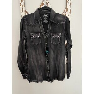 Wrangler Rock 47 Western Shirt Black Denim Snap Long Sleeve Small NWT